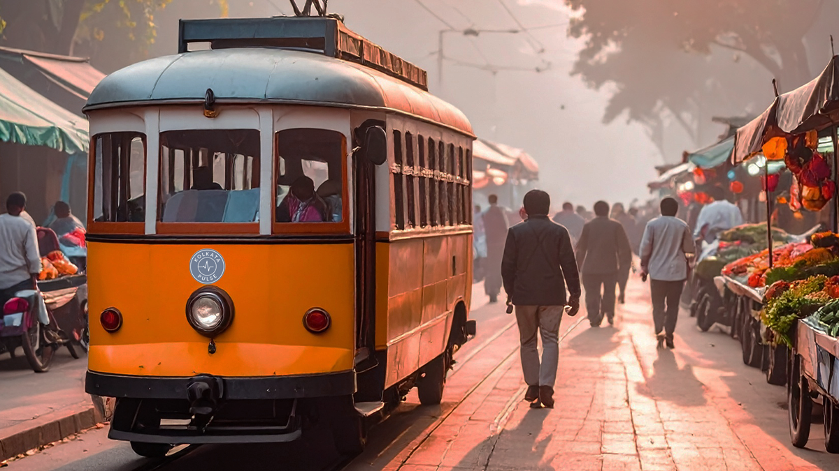 Kolkata street with tram, hawkers, and morning life