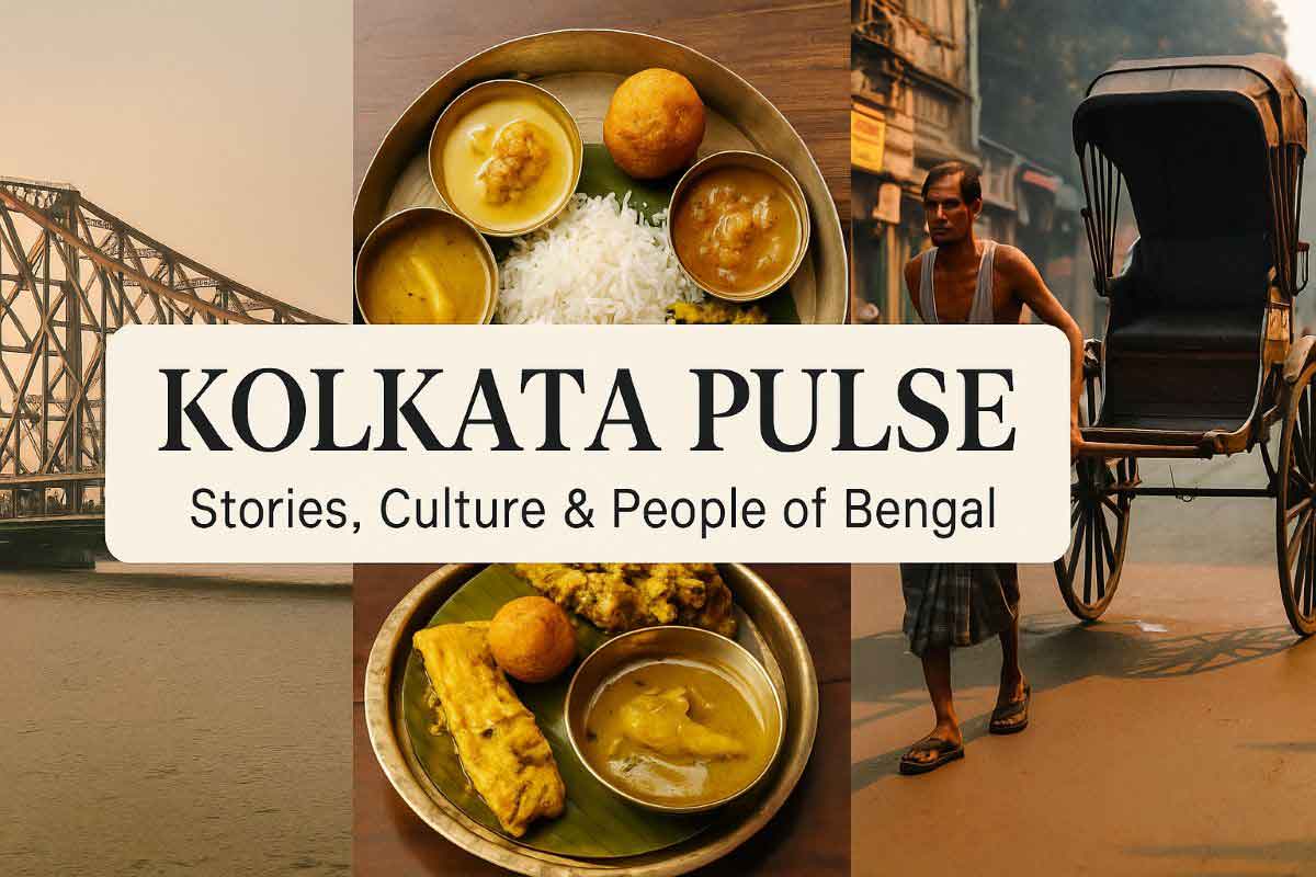 Collage of Howrah Bridge, Bengali food platter, and hand-pulled rickshaw representing Kolkata culture
