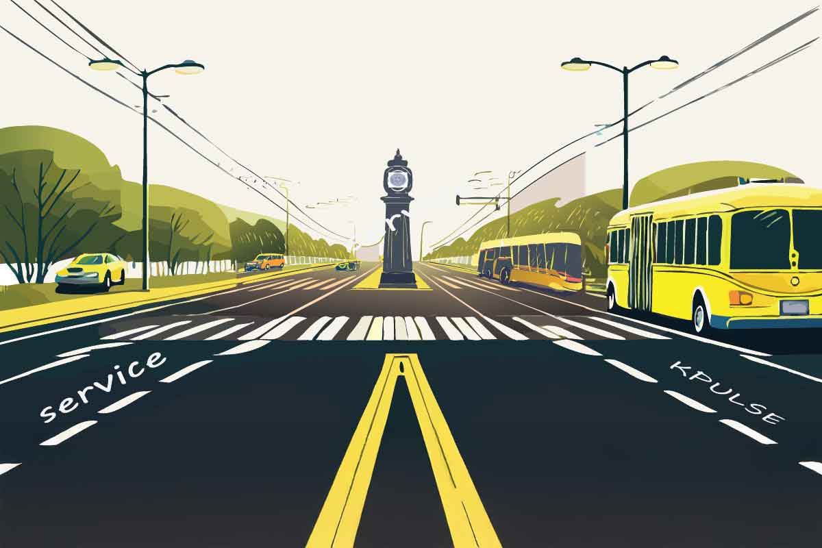 Illustrated view of Esplanade street with buses, yellow taxis, and Shaheed Minar clock tower
