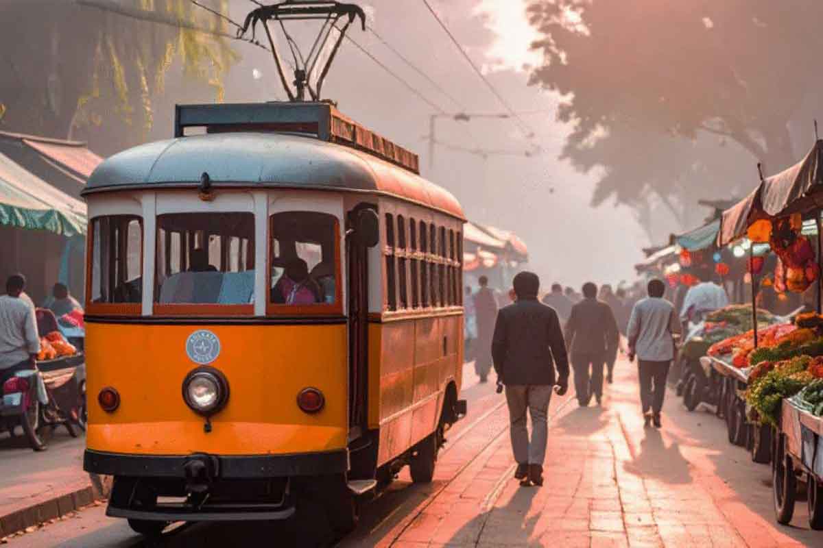 Kolkata tram passing through a morning street market in soft sunlight