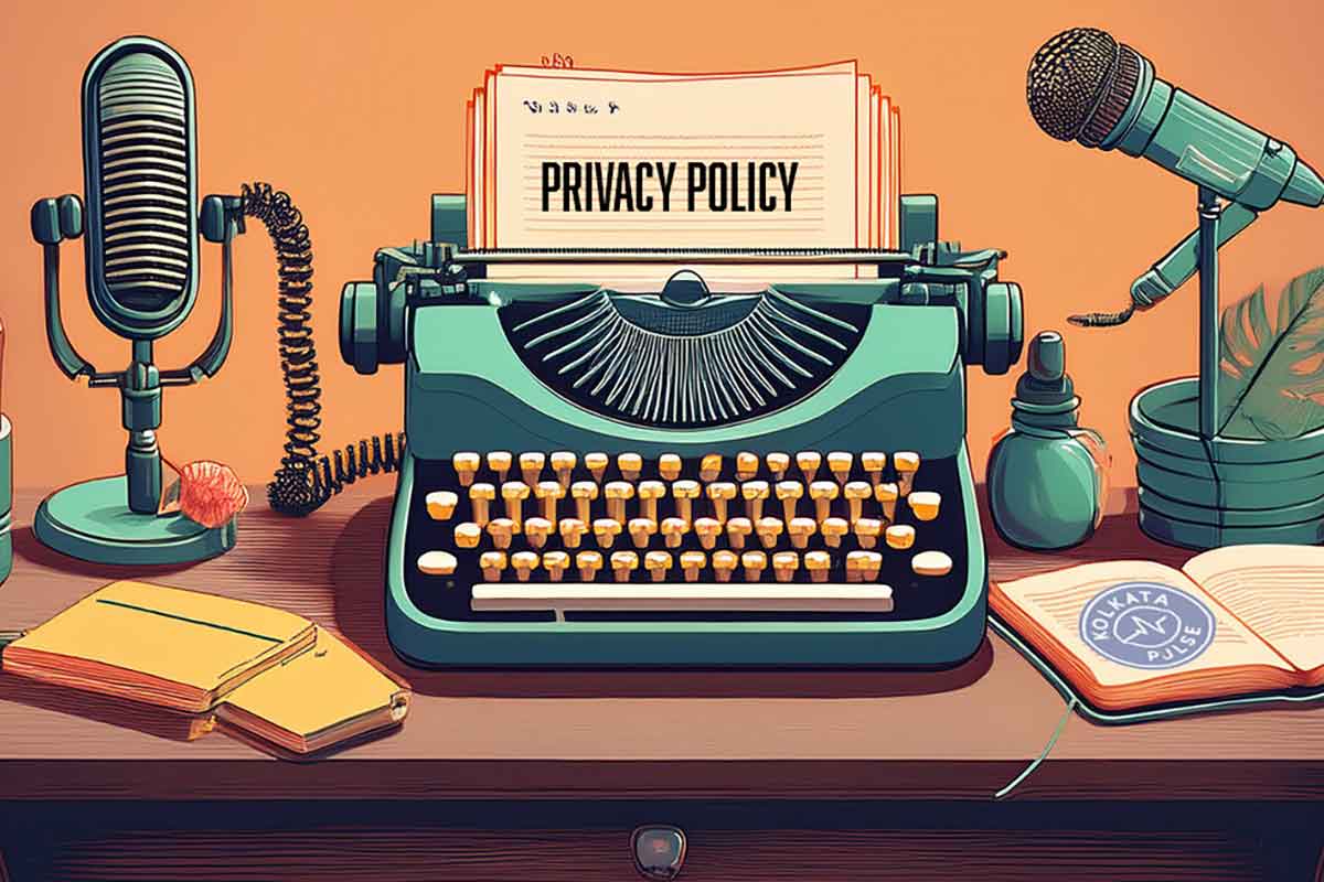 Illustration of a vintage desk with microphones and a typewriter showing Privacy Policy