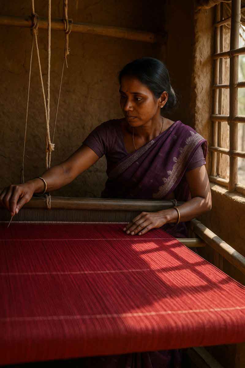 Shantipur handloom weaver working on a red fabric by window light
