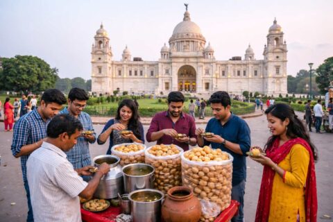 people eating fuchka in front of victoria memorial kolkata